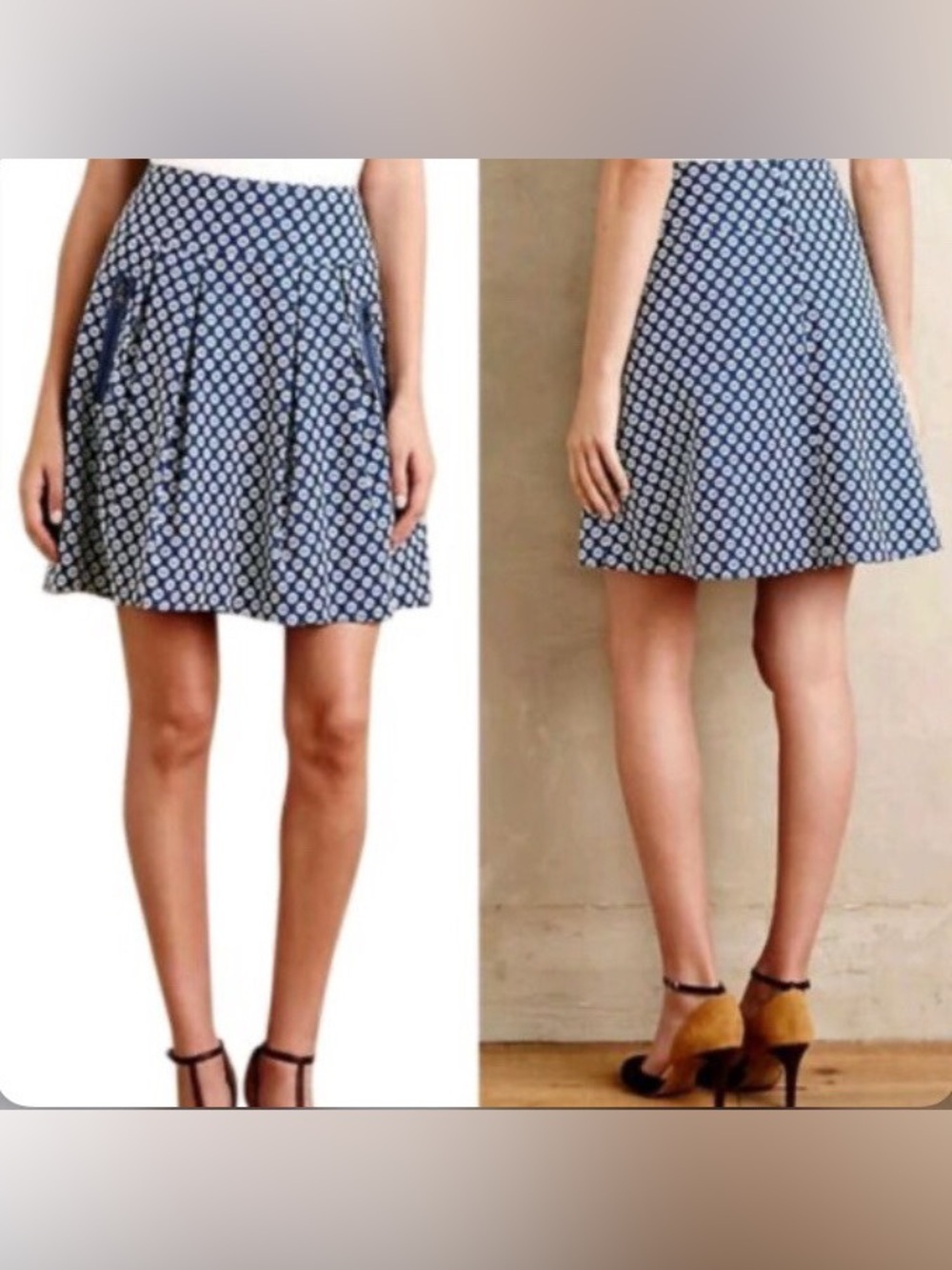 Anthropologie Maeve Fourth Street Swing Skirt Blue White Print A Line Pleated 4